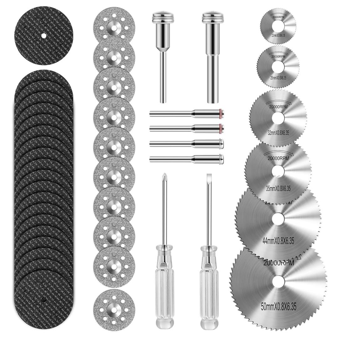 44pcs Cutting Wheel Set Compatible with Plastic for Rotary Tool, HSS Circular Saw Blades 6pcs, Resin Cutting Discs 20pcs, 545 Diamond Cutting Wheels 10psc with 2 Screwdrivers (Sliver)