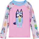 Bluey Girls Raglan Rash Guard and Bikini Bottom UPF 50+ Swim Set Toddler to Big Kid Sizes (2T - 10-12) (Pink)