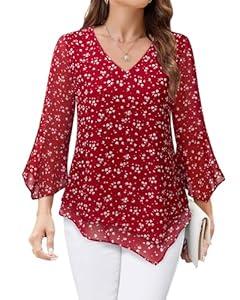 Furnex 3/ 4 Length Sleeve Womens Tops：Work Attire - Business Casual blouses for Women - Tunics to Wear with Leggings Elegant Dressy Tops for Women Night Out Womens Fashion Tops Formal evening Red XL