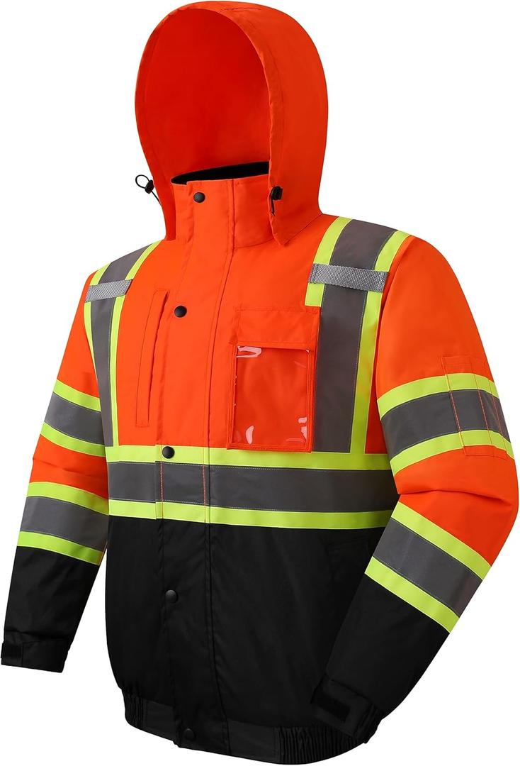 JKSafety Hi-Vis Winter Safety Bomber Jacket for men and women | Winter Safety Jacket Durable and Waterproof | Construction Work Jacket for Winter | Cold Weather PPE | ANSI Class 3 (116-OBlk Medium)