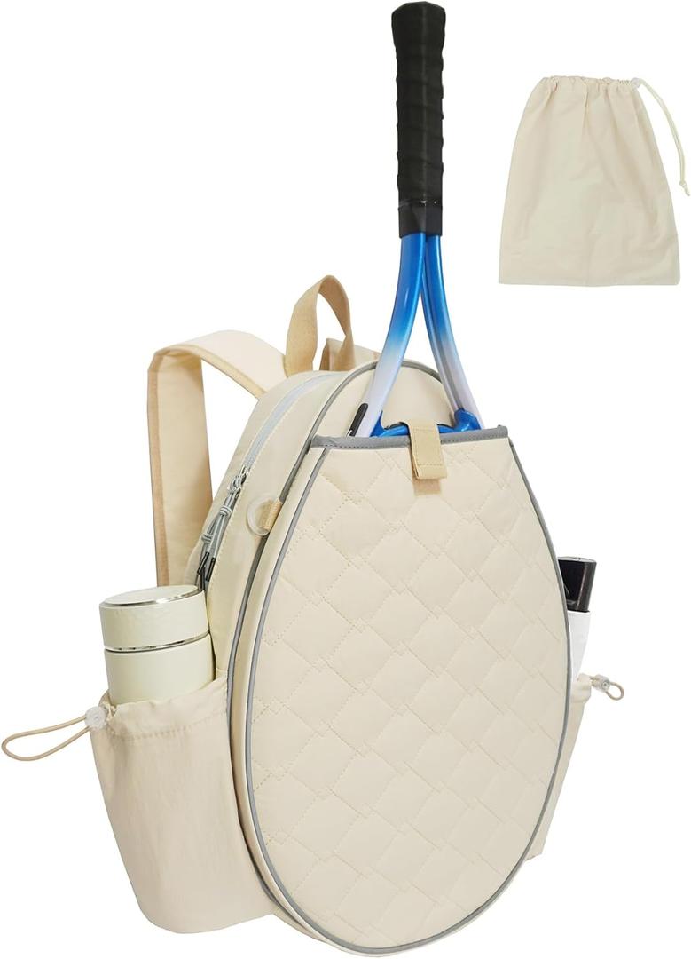 Tennis Bag, Quilted Tennis Racket Backpack for Women and Men Holds 1-2 Rackets, Lightweight and Water-resistant Sports Backpack for Pickleball and Badminton (Cream)