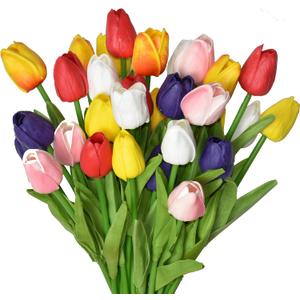 24pcs Multicolor Artificial Tulips Flowers Fake Faux PU Tulip Bouquet Real Touch Flower Arrangement for Home Room Office Party Wedding Decoration Excellent Gift Idea for Mothers Day