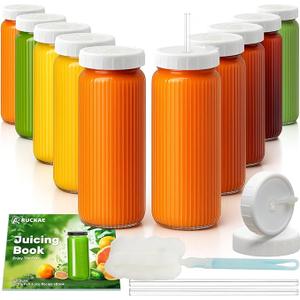 Ruckae 16oz Juice Bottles,Ribbed Glass Juicing Bottles with Lids,Smoothie Cup Lids and Straws,Water Bottle Mason Jar Drinking Glasses for Juicing,Smoothies,Kombucha (Clear10 pack)
