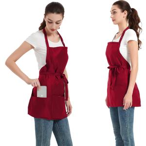 Waterproof Server Apron, Aprons for Women with 3 Pockets, Machine Washable Aprons for Cooking, Men Chef Apron (One Size, Red, 2 Pack)