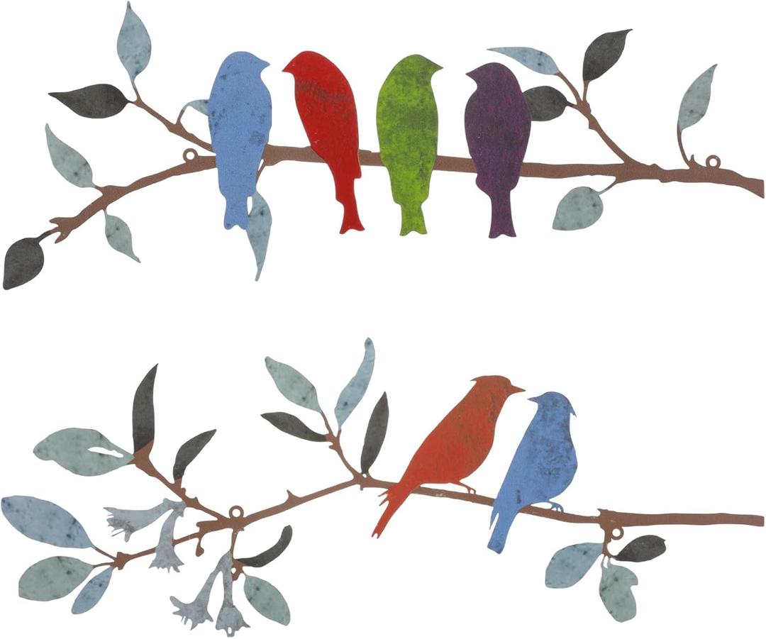 Demissle 2 Pcs Metal Birds Wall Art Decor Vivid Birds on Branch with Leaves Rustic Wall Decor Waterproof Metal Sculpture Hanging Sign for Home Balcony Garden Indoor Outdoor(Bright Colors)