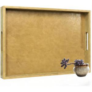 25x18 inches Leather Ottoman Serving Tray with Hole Handles, Rectangle Large Modern Service Tray for Living Room, Coffee Table, Bed, Tea, Food, Butler Countertop, Kitchen, Dinner, Picnic (Brown)