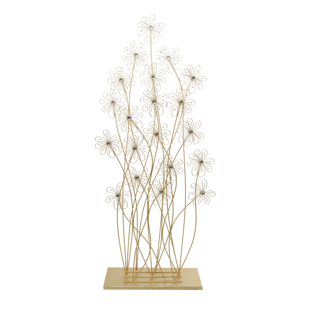 22" x 60" Gold Metal Tall Floral Sculpture with Crystal Embellishments, by DecMode