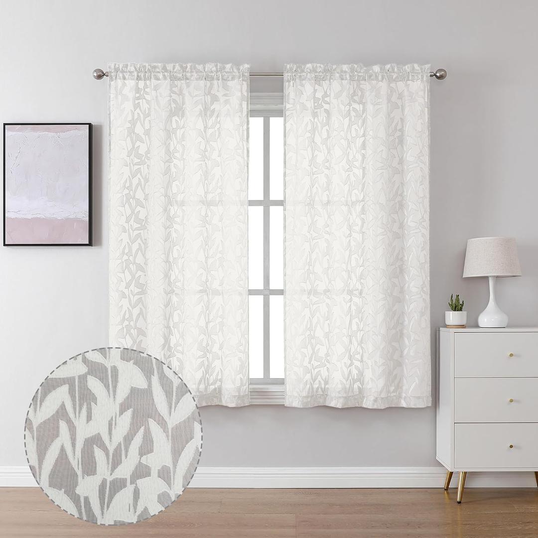 Lecloud Leia 2 Panels Sheer Ivory Curtain 54 Inch Length, Light Reducing Jacquard Textured Leaf Voile Bedroom Curtain, Gauzy Clip Short Drapes with Dual Rod Pocket, 40 W x 54 L