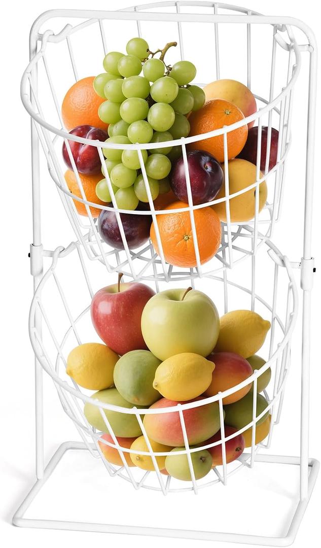 2 Tier Fruit Basket , Countertop Fruit Vegetable Bowl for Kitchen Counter Metal Wire Storage Basket Fruits Stand Holder Organizer for Bread Snack Veggies Produce (White)