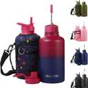 64 Oz Insulated Water Bottle with Strap Stainless Steel Sports Water Bottle with 3 Lids (Straw, Chug and Flip Lid) Leak Proof Metal Half Gallon Jug for Men & Women - Red Fusion