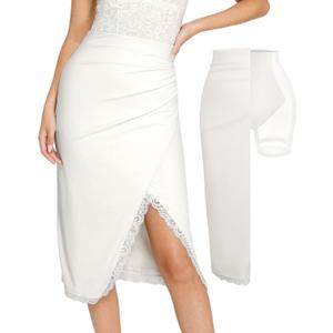 Popilush Midi Skirts for Women Lace Shapewear Split Satin High Waisted Bodycon Long Skirt Built-in Tummy Control (Medium, White)