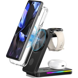 Magnetic Wireless Charger for Google Pixel Watch 3/2, 3 in 1 Foldable Wireless Charging Station for Google 10/10 Pro XL/10 Pro/9/8/7/6, Pixel Buds Pro 2(Not Pixel Watch 4/1) with Adapter