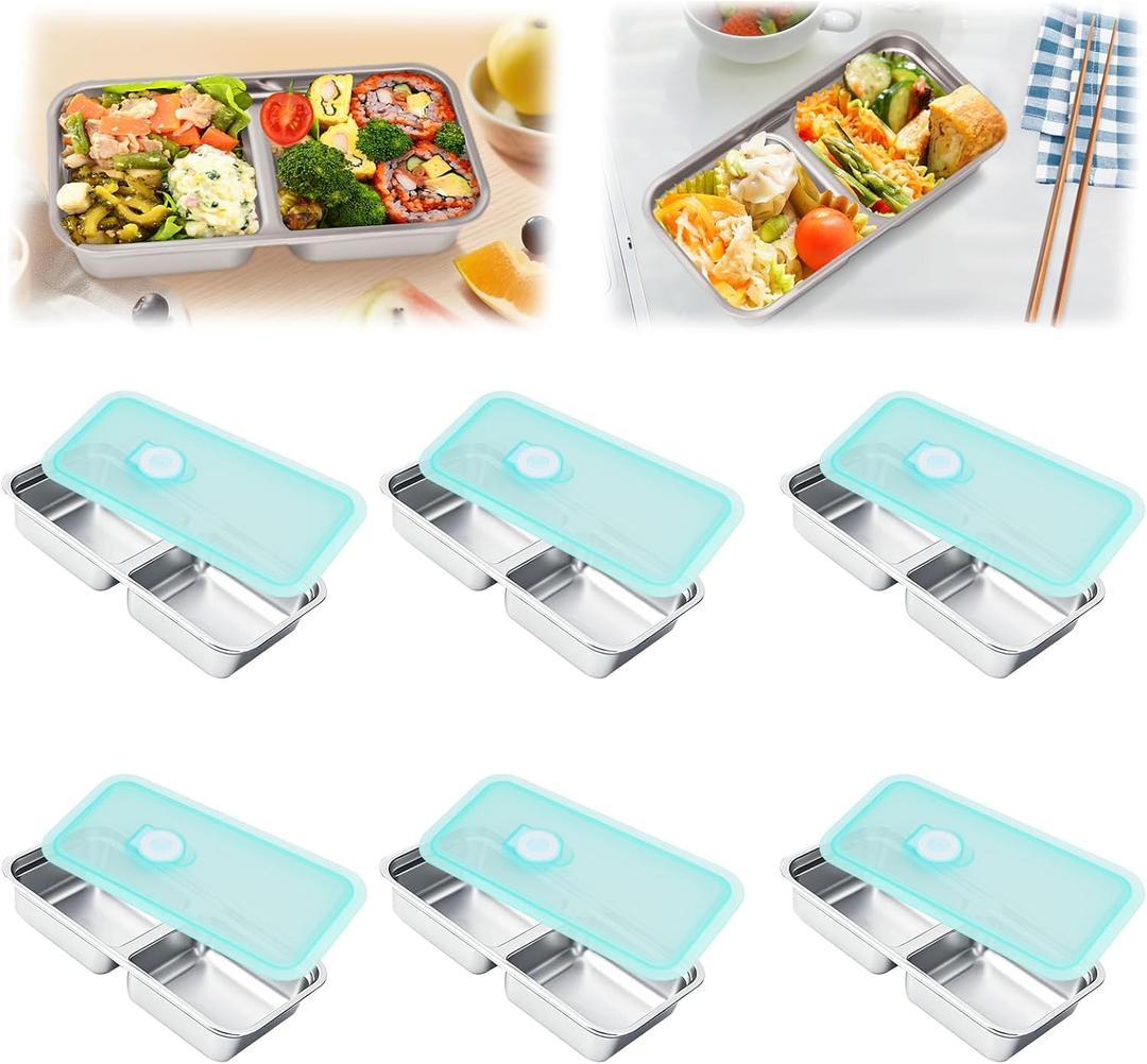 6 PCS Stainless Steel Snack Containers, Double Compartment Reusable Food Storage, Dishwasher-Safe & Leak-Proof, Ideal for Travel, Outdoor Camping, Work and Daily Use