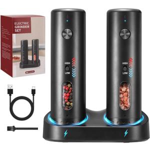 Rechargeable Salt Grinder Set Top-Refill Electric Grinders with Variable Grinding Speed, External Adjustable Coarseness, Black