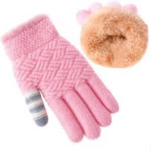 Winter Gloves for Boys Girls - Kids Warm Knit Thermal Cable Knitted Gloves Wool Fleece Lined Mittens for Cold Weather (1 Pair, Classic Pink)
