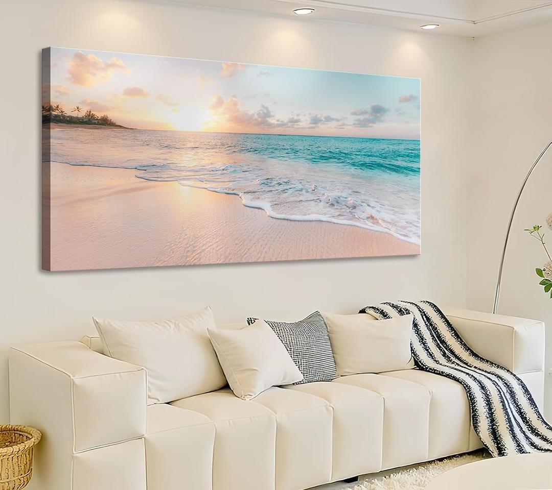 Beach Canvas Wall Art - Sunset Ocean Picture Green Nature Seascape Painting Print for Kitchen, Bedroom, Living Room Decoration, Large Coastal Artwork Poster for Wall Decor 20"x40"