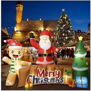 10 FT Inflatables Merry Christmas Sign with Santa, Gingerbread Man & Christmas Tree, Blow Ups Inflatable Decoration with Build-in LEDs for Xmas Party Outdoor Patio Garden Lawn Winter Decor