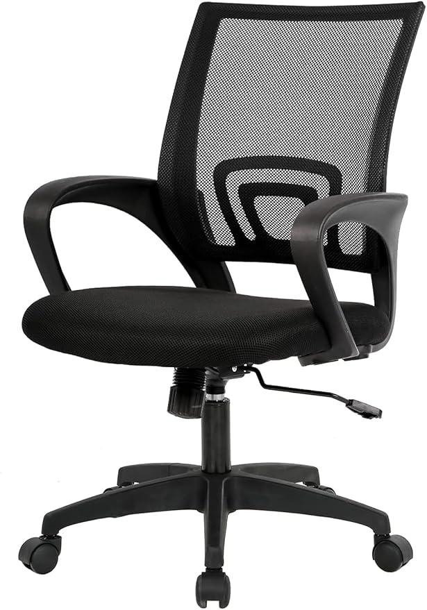 BestOffice | Ergonomic Office Chair | Mid-Back Swivel Desk Chair | Breathable Backrest & Lumbar Support | Adjustable Height | Sponge Seat | Rolling Wheels | Black | for Adults & Women