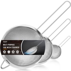 Fine Mesh Strainer, Stainless Steel Strainers with Sturdy Handle, Set of 3 Metal Sieve for Kitchen Food, Rice, Quinoa, Tea - 7", 4.6", 2.7"