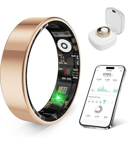 KIRAMA Smart Health Ring for Women Men Fitness Tracker with Heart Rate, Support Sleep Monitoring and Exercise Recording, IP68 Waterproof for iOS and Android, No APP Fee，Ultra-Thin Design (Gold, 8)