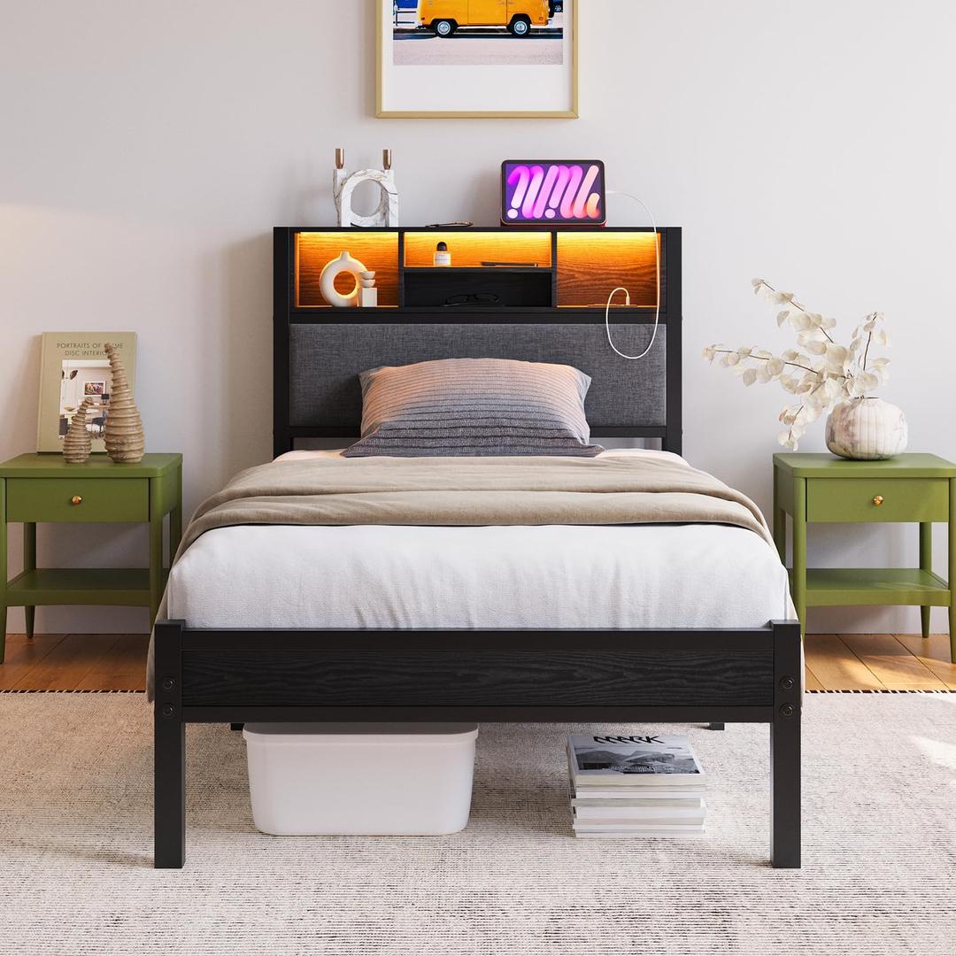 Twin Size Bed Frame with Charging Station and LED Lights,Upholstered Headboard with Storage Shelves, Metal Platform Bed Frame, Noise Free, No Box Spring Needed,Easy Assembly,Black (Twin)