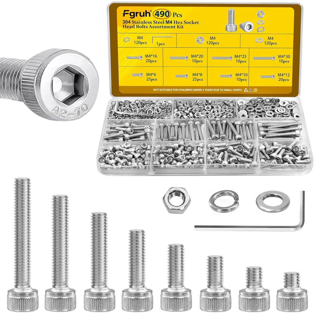 490pcs M4 Screws,Nuts and Washers Assortment kit, M4x6/8/10/12/16/20/25/30 mm Hex Socket Head Cap Screw Bolts Nuts Washer Kit,304 Stainless Steel Bolt Set for DIY, 3D Printer