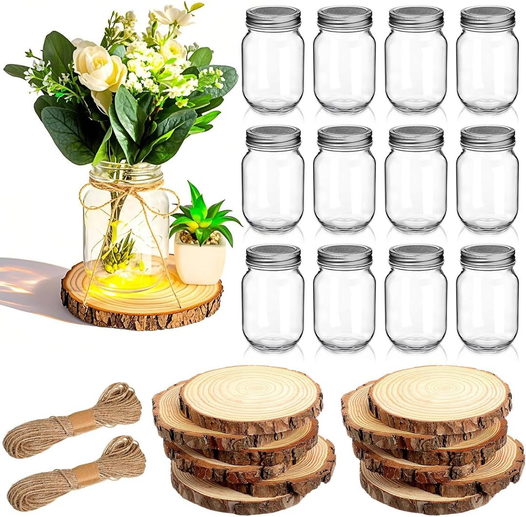 Honeydak 12 Sets Wedding Table Centerpieces 4.8 Inches Glass Mason Jar Vase for Flower Centerpieces 5.5-6.3 Inches Wood Slices Wooden Disc Coasters Winter Xmas Farmhouse Table Decoration