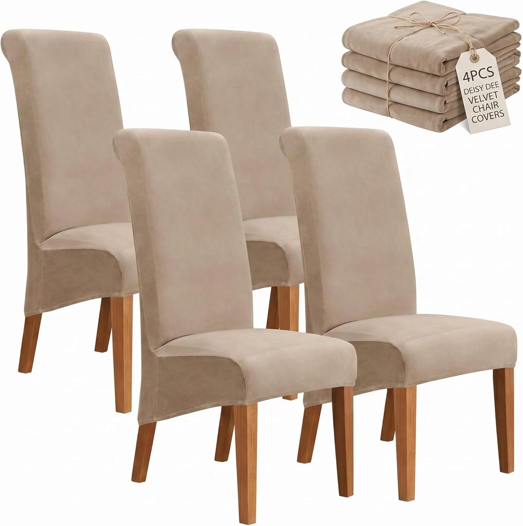 Deisy Dee Stretch XL/Oversized Extra Large Velvet Dining Room Chair Covers for Kitchen DiningRemovable Washable Chair Protectors Slipcovers (Khaki, 4)