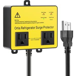 Refrigerator Surge Protector, Ortis Double Outlet Voltage Protector for Home Appliances with Time Delay, Protects Against Brownout, Spike, Instant Surge All Voltage Abnormalities, Yellow (1.5FT)