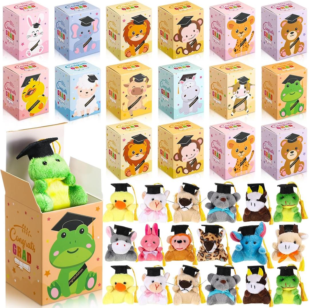 Arrowbash 24 Sets Mini Graduation Stuffed Animal Plush Toy with Gifts Box, Preschool Kindergarten Graduation Gifts Bear Animals with Cap for Class of 2026 Congrats Grad Exchange Gift Party School