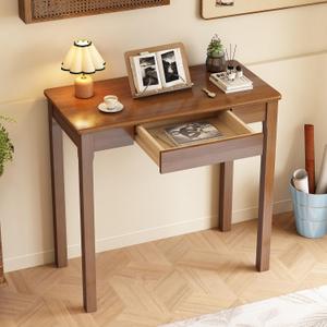 Solid Wooden Desk with Drawers - 32 x 16 Inch Narrow Desks, Rubberwood Mid Century Modern Desks, Small Writing Desk for Bedroom|Small Spaces - Walnut Color, 31.5 in W x 15.7 in D