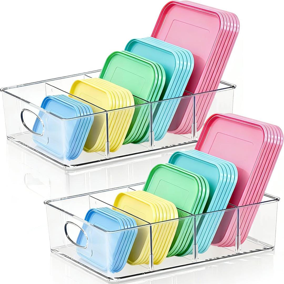 2 Pack Lid Organizer for Kitchen Cabinet Food Storage Container Lids, Clear Plastic Adjustable Dividers, Lid Organizers Inside Cabinet for Kitchen Organizers and Storage