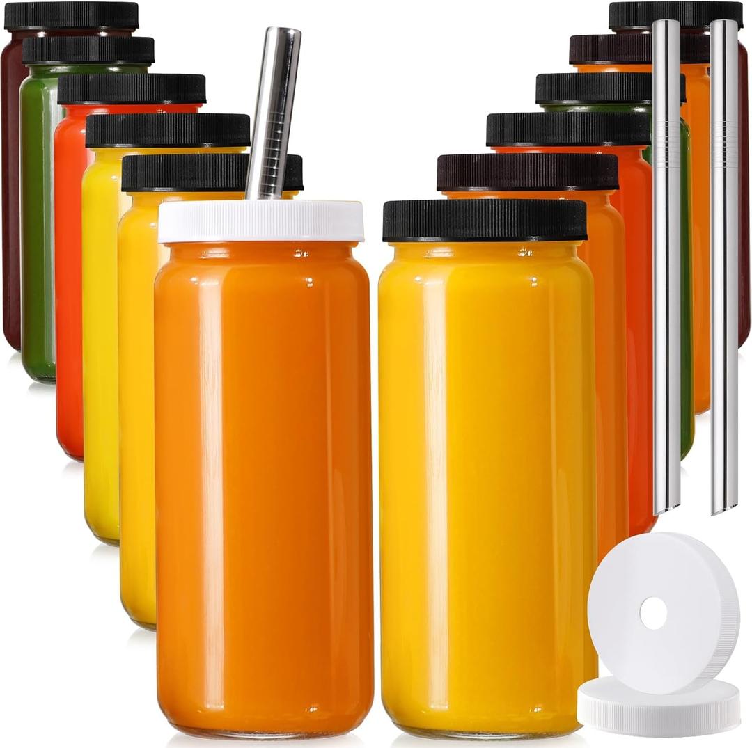 12 PACK, 16 OZ Glass Juice Bottles with Airtight Lids, Bonus 2 Straws & Perforated Lids, Reusable Juicer, Juicing Bottle - Clear Drinking Jars Cups, Water Bottles, Travel Juice Container, Black Caps