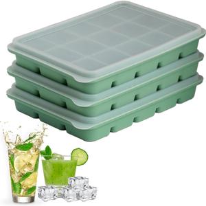 Ice Cube Trays Set of 3, Easy Release 15 Flexible Silicone Ice Cube Molds with Removable Lid Reusable Freezer Ice Trays Stackable for Whiskey, Baby Food, Green, 3 Pack