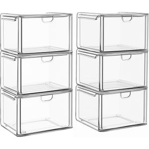 6 Pack Small Stackable Storage Drawers, Acrylic Bathroom Makeup Organizer, Plastic Storage Bins For Vanity, Under sink, Kitchen Cabinets, Pantry, Home Organization