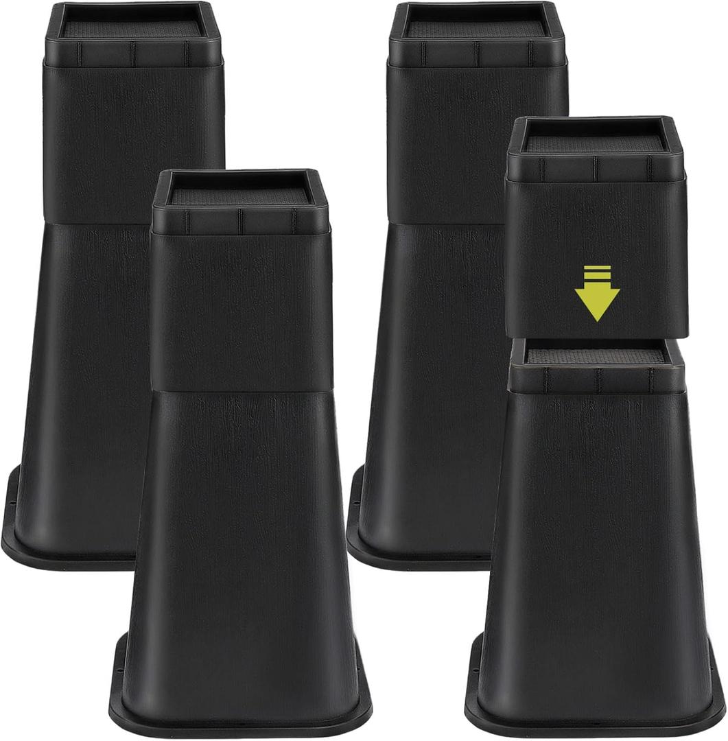 4 Pack Bed Risers 12 inch Heavy Duty, Adjustable Furniture Risers Lift Height 12",8" or 4" for Table Desk Couch Sofa Cabinet Bed Frame Dorm, Square Stackable Table Leg Risers, Black