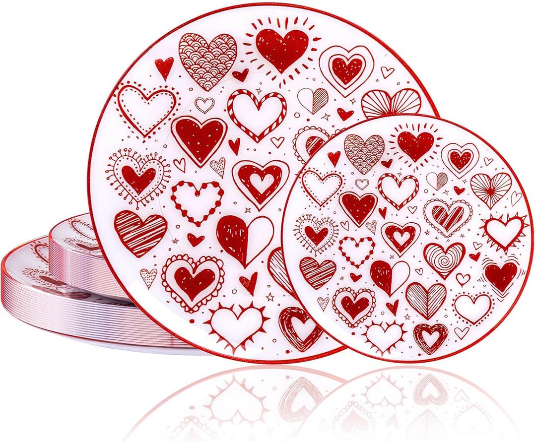 U-QE 20Pcs Red Plastic Plates - Diamond Heart Valentines Plates Disposable Heavy Duty, Fancy Love Pattern Perfect for Weddings, Parties, Valentine's Day - 10.25" Dinner Plate & 7.5" Dessert Plate