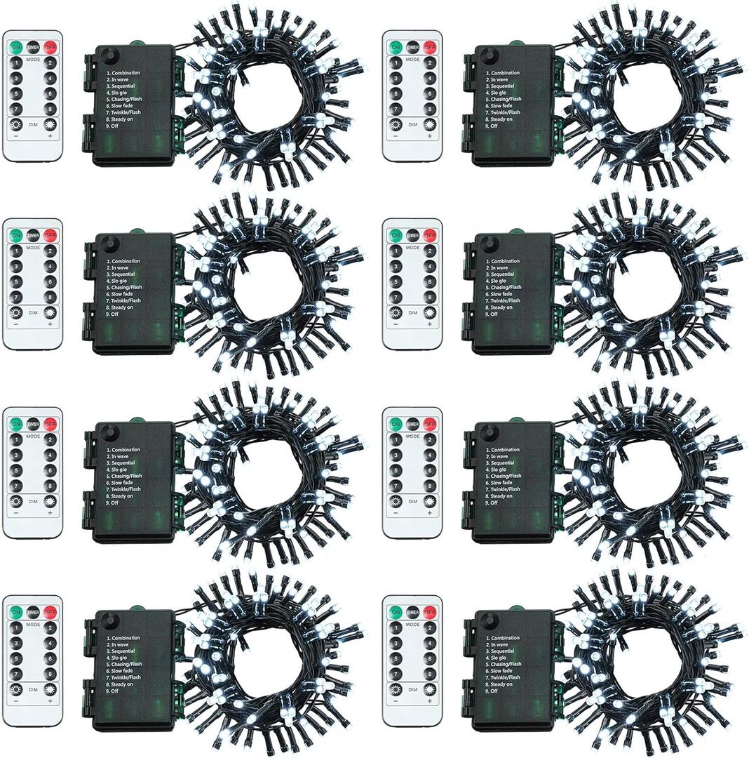 Tuanse 8 Pack Battery Operated Outdoor Christmas Tree String Lights, 16.4 ft Mini Light Outdoor Christmas Lights with 50 Led of Dark Green Cable Lighting for Bedroom Garden Yard (White Light)