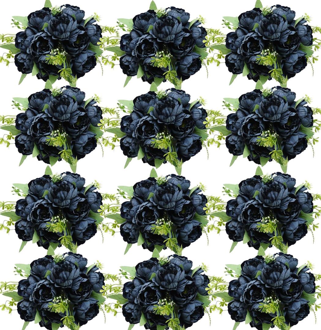 12 Bundles Peonies Artificial Flowers Artificial Peonies Silk Flowers Fake Peonies Artificial Flowers Wedding Home Table Decoration Realistic Peonies Bouquet for Centerpiece Table (Navy Blue) (Set of 12 12-inch Peony Bouquets)