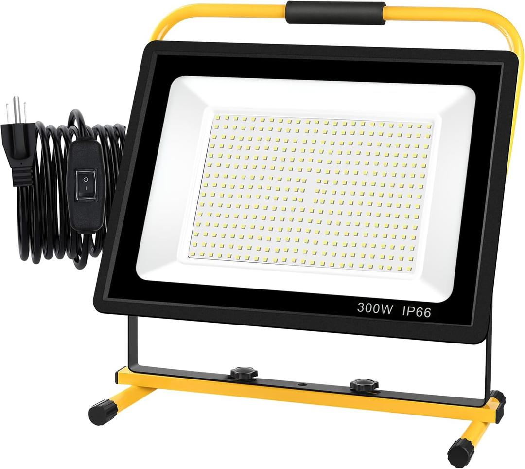300W LED Work Light, 30000LM Super Bright Flood Light, IP66 Waterproof, 16ft/5m Cord with Plug & Switch, 6500K, Adjustable for Workshop, Garage, Construction Site