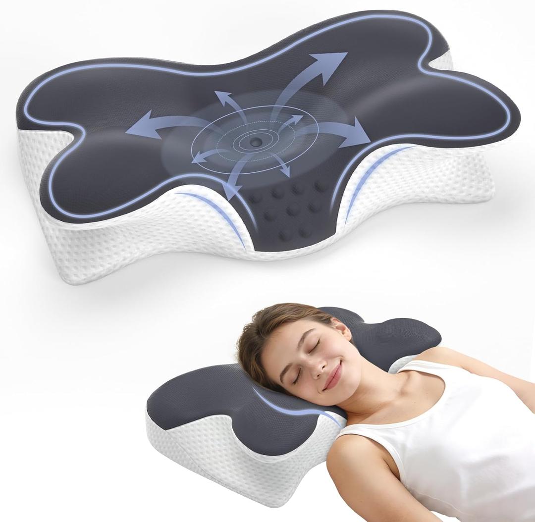 Cervical Neck Pillow for Pain Relief, Ergonomic Neck Pillow for Sleeping, Contour Orthopedic Side Sleeper Pillow for Back Stomach Sleepers Bed Pillow with Pillowcase (Dark Grey With White)