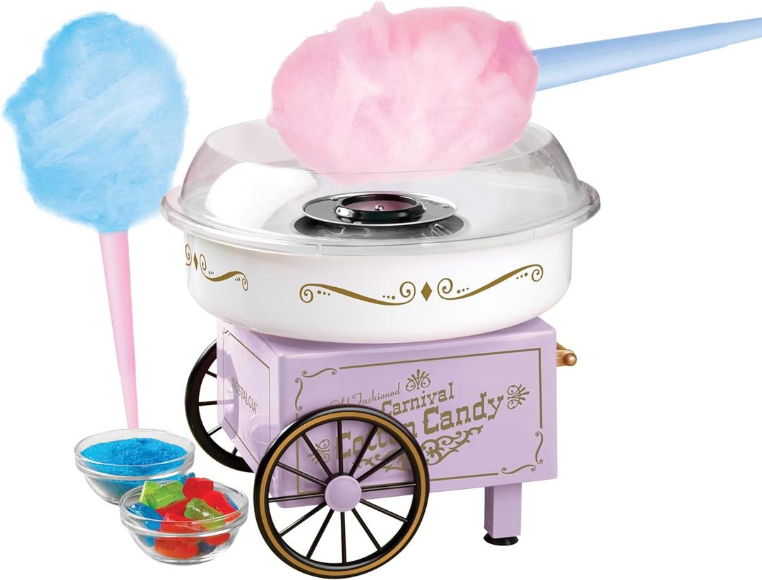 Nostalgia Vintage Hard and Sugar Free Candy Countertop Cotton Candy Maker, Includes 2 Reusable Cones And Sugar Scoop Lavander