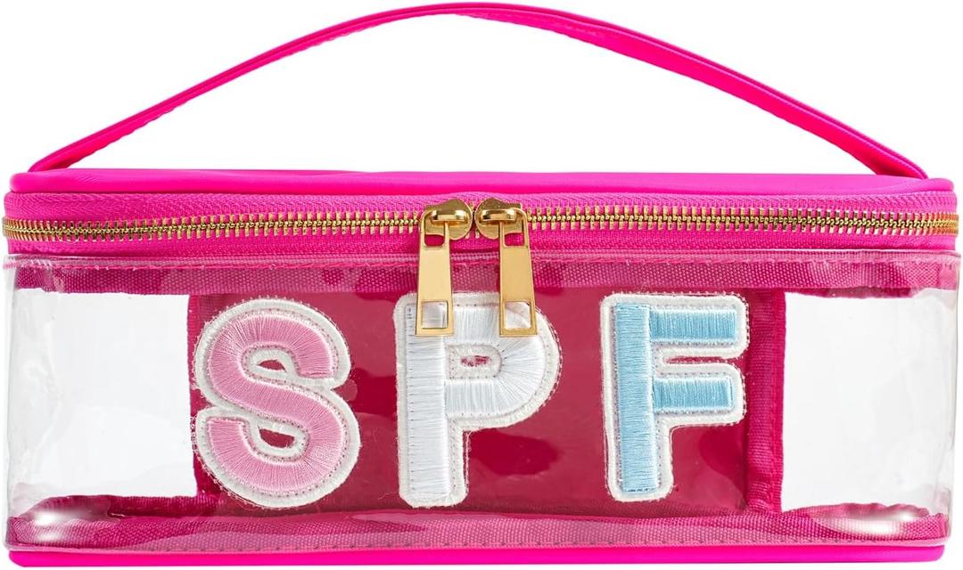 Clear Waterproof Summer SPF Makeup BagAesthetic Transparent Letter Patch Cosmetic Bag with Metal Zipper, Preppy Sunscreen Accessories Storage Organization , Beach Travel Purse(03SPF Hot Pink)