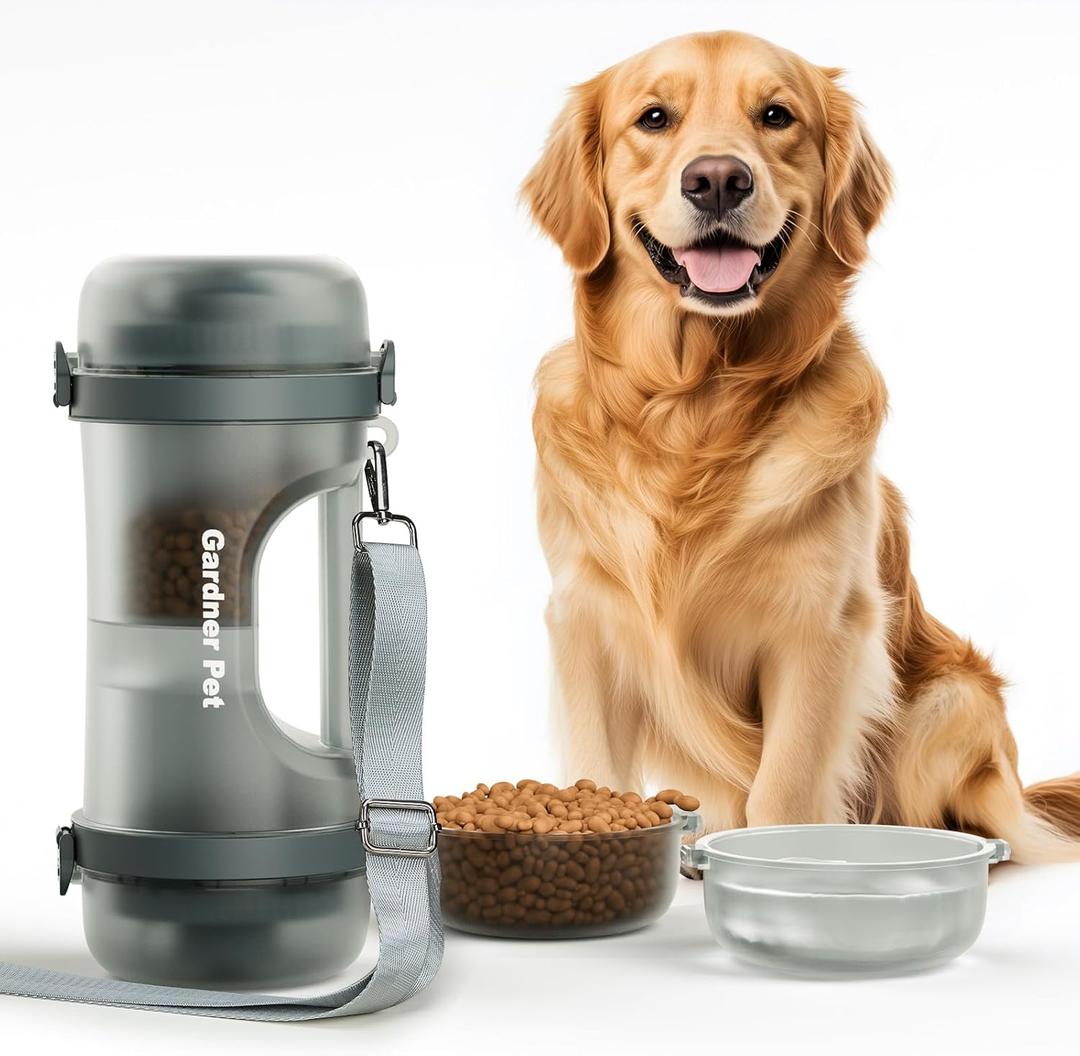 Gardner Pet Portable Dog Water Bottle&Food Container (49.6oz)  Leakproof Travel Water Bottle for Medium/Large Dogs (30+ lbs) Hiking, Camping, Beach  2 Collapsible Bowls & Shoulder Strap (Grey)