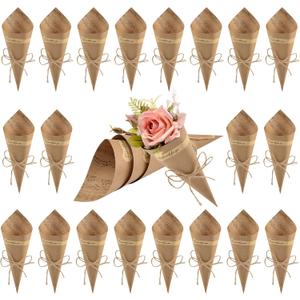 WANDIC Wedding Confetti Kraft Paper Cones, 50 Pcs Party Vintage Cones Bouquet Petals Candy Bags Boxes Flower Holder With Hemp Ropes Label Stickers Tape (Brown)