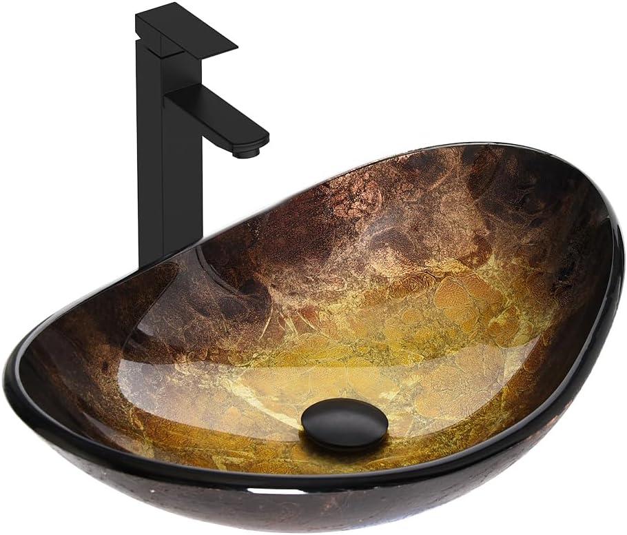 Bathroom Boat Shape Artistic Glass Vessel Sink Free Black Faucet and Pop-up Drain Set, Gold, 13.4x21 inches