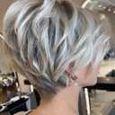 Aisaide Short Platinum Grey Pixie Cut with Curtain Bang Bob Wig for Women - Synthetic Side Part Shaggy Wig with Ombre Platinum Gray Hair (1B/60)