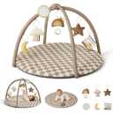 Blissful Diary Baby Play Gym Mat, Play Mat Activity Mat with 6 Detachable Toys for Stage-Based Sensory & Motor Skill Development, Easy to Install & Clean, Baby Essentials Gift, Brown Checkerboard