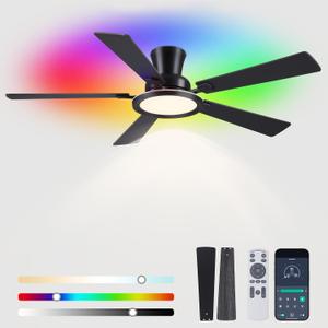 Ayaoty Ceiling Fans with Lights - 52in Flush Mount Ceiling Fan with RGB Dimmable, 3CCT 6 Wind Speeds and Reversible Quiet Motor, Low Profile RGB Fan Light for Modern Indoor, Party - Black RGB