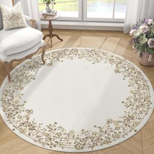 jinchan Round Rug 5ft Area Rug Indoor Vintage Circle Rug 5' Round Washable Thin Rug Floral Elegant Luxury Garland Print Non Slip Carpet for Living Room Dining Room Bedroom Entryway Decor Ivory Taupe
